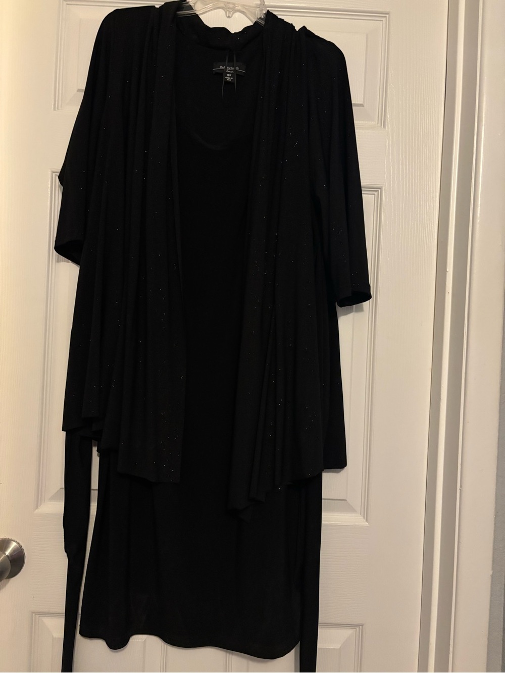 Black dress with Black Draped Open-Front Cardigan with Sparkle